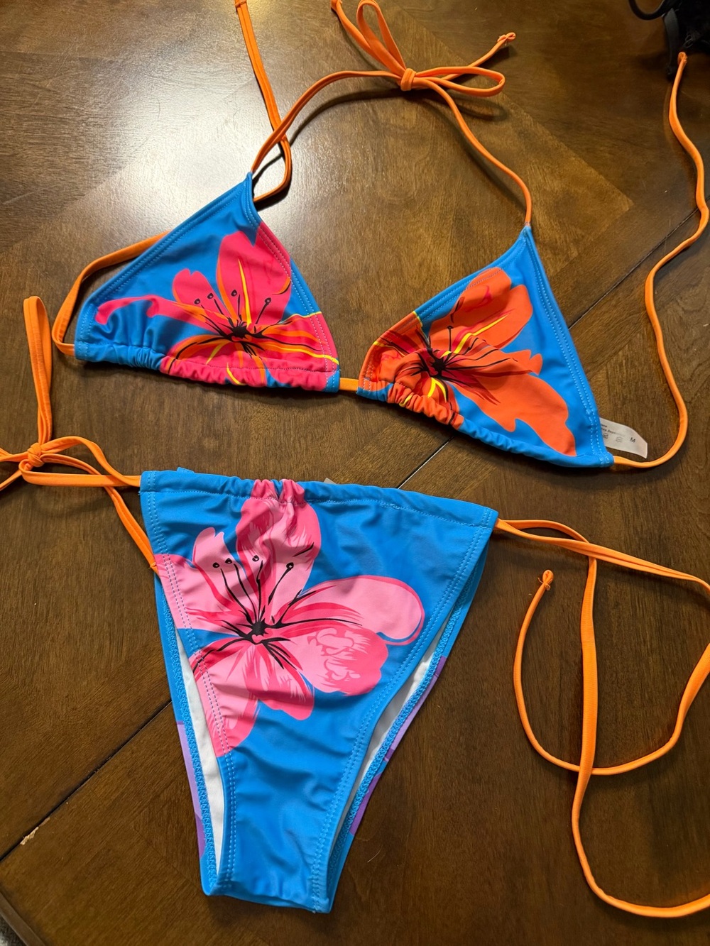 Blue Floral Triangle Bikini with Orange Straps. Size M